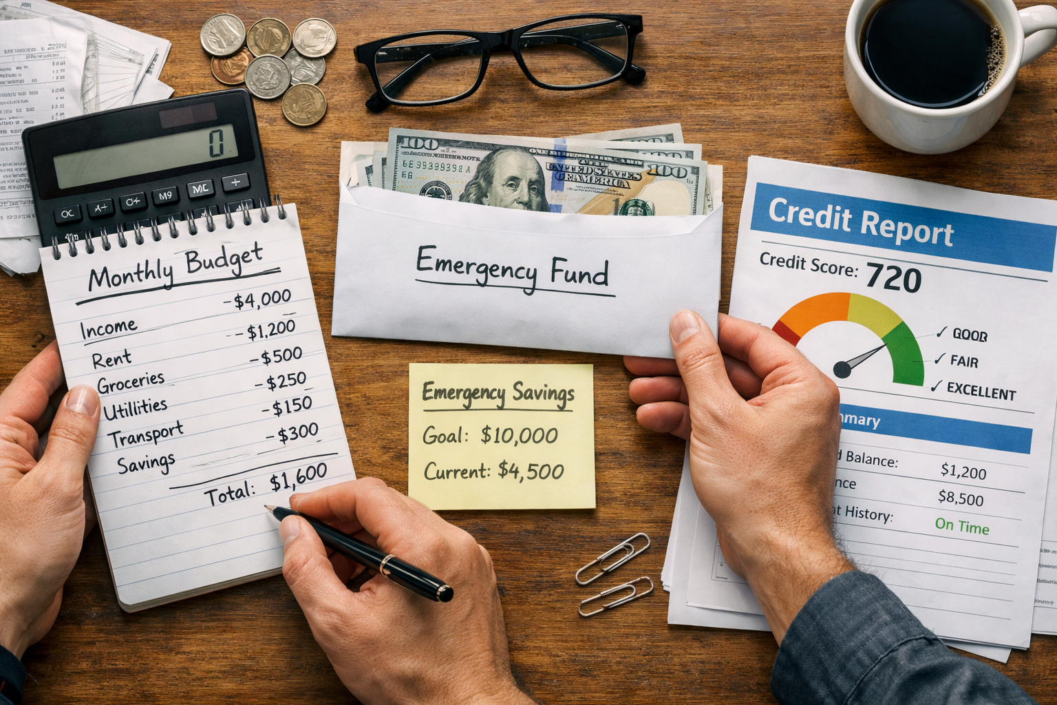 Personal finance planning with a budget notebook, savings for emergencies, and a credit score chart.