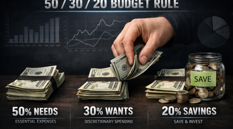 Budget planning notebook, savings jar, calculator, and financial chart illustrating the 50/30/20 budgeting method.