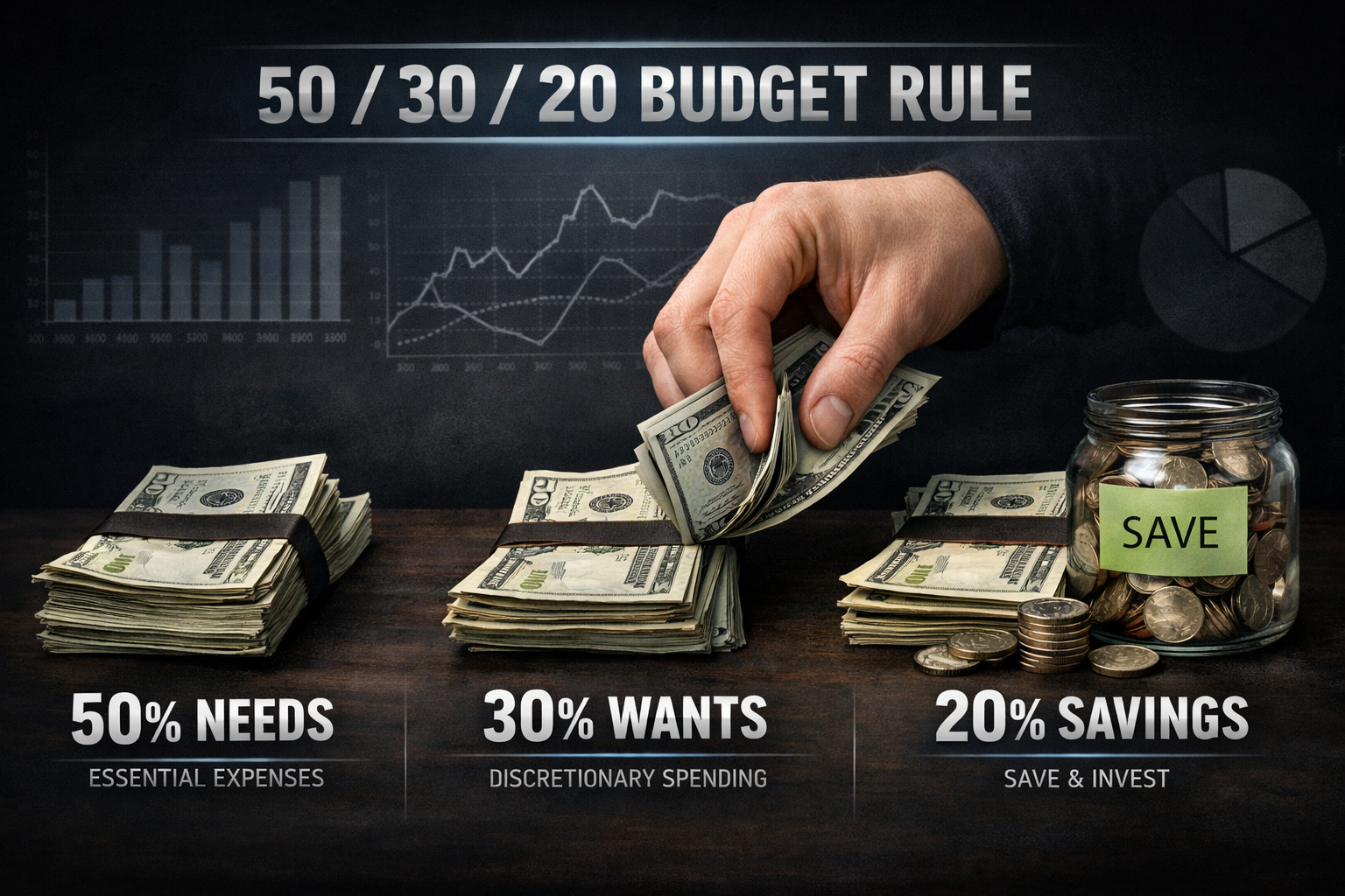 Budget planning notebook, savings jar, calculator, and financial chart illustrating the 50/30/20 budgeting method.