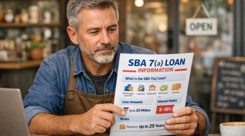 Small business owner reviewing SBA 7(a) loan options and business financing documents in the United States