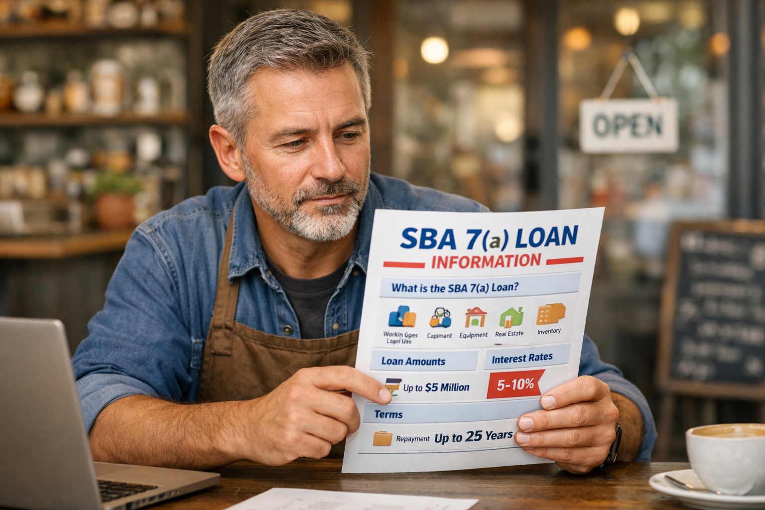 Small business owner reviewing SBA 7(a) loan options and business financing documents in the United States