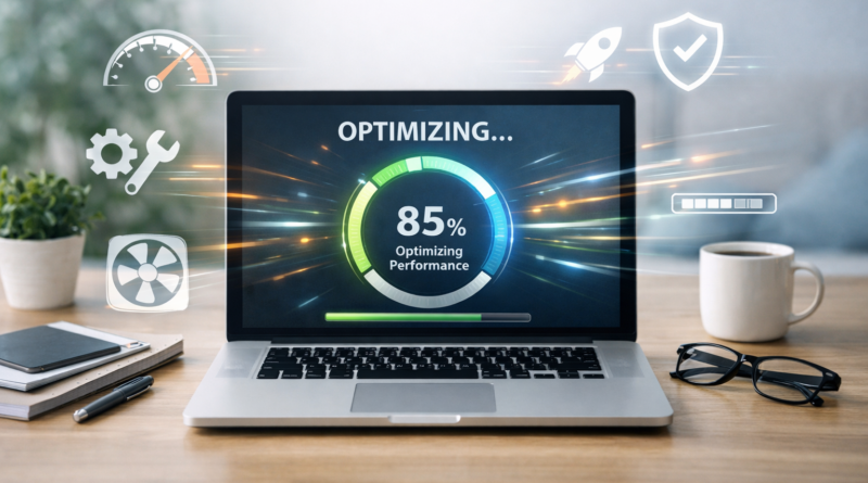 A person troubleshooting a slow laptop and improving computer performance.