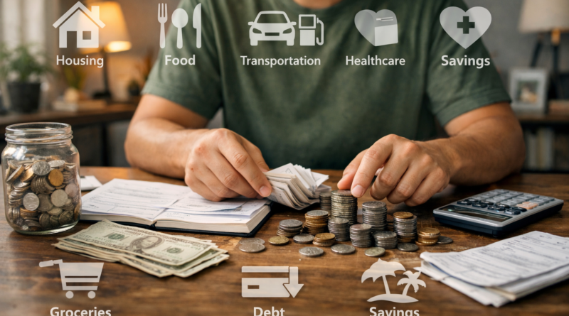 Person reviewing monthly bills and budgeting money at a kitchen table
