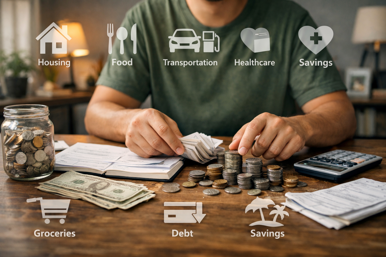 Person reviewing monthly bills and budgeting money at a kitchen table