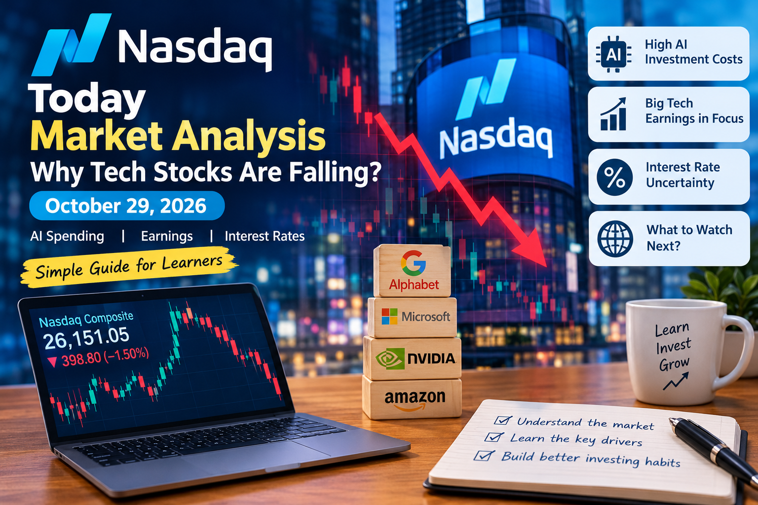 Nasdaq stock market analysis showing technology stocks, AI investment concerns and market volatility.